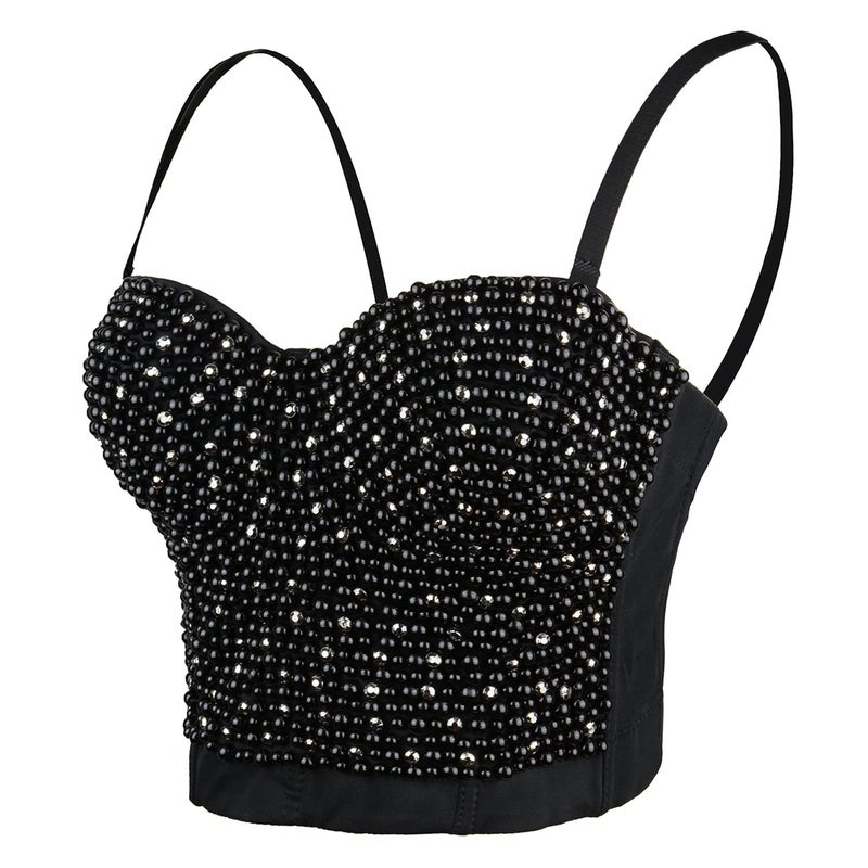 ELLACCI Women's Diamond Pearls Beaded Rhinestone Bustier Crop Top Corset Tube Top Black Large - Image 1